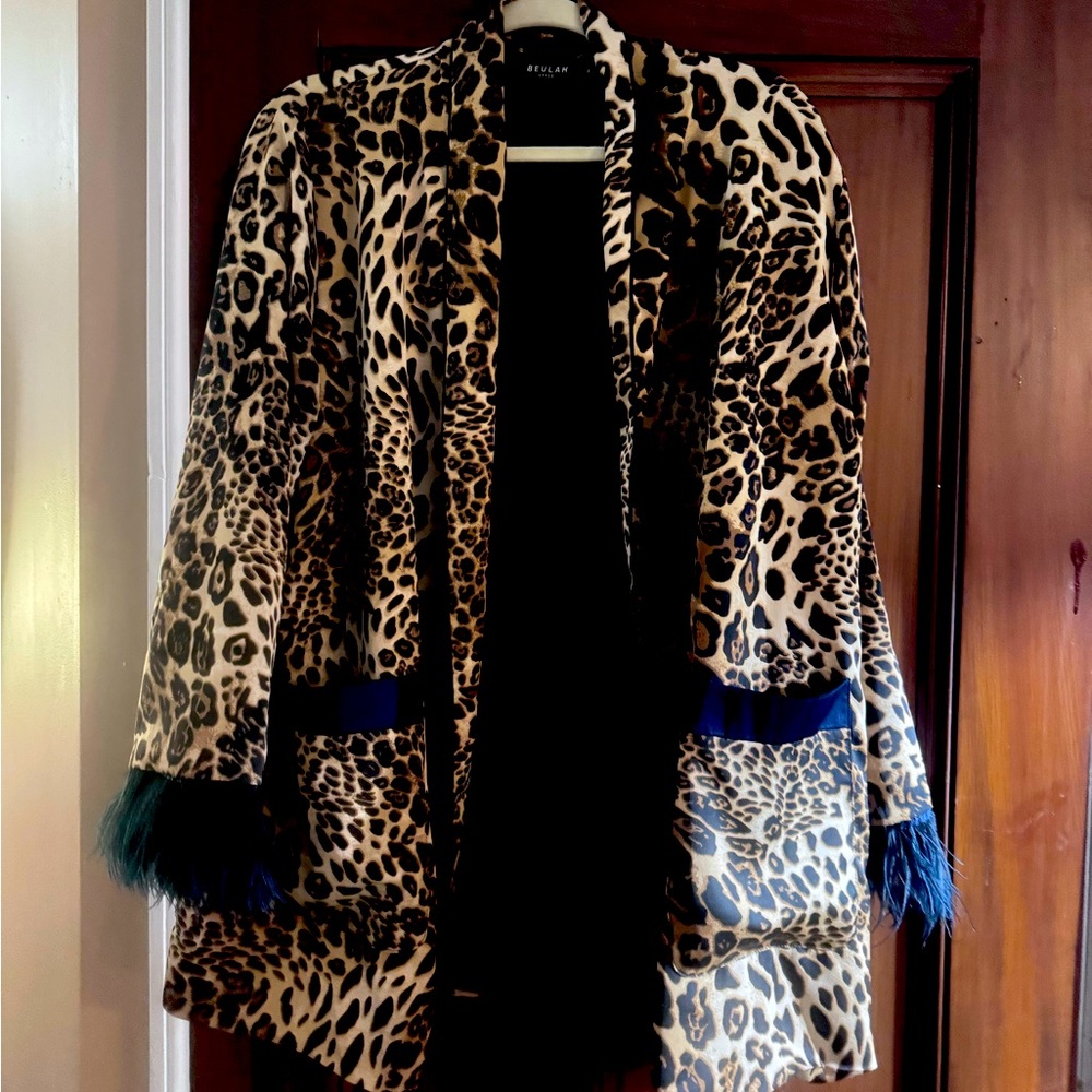 BEULAH silky satin ostrich feather , leopard smoking jacket/robe with tie belt